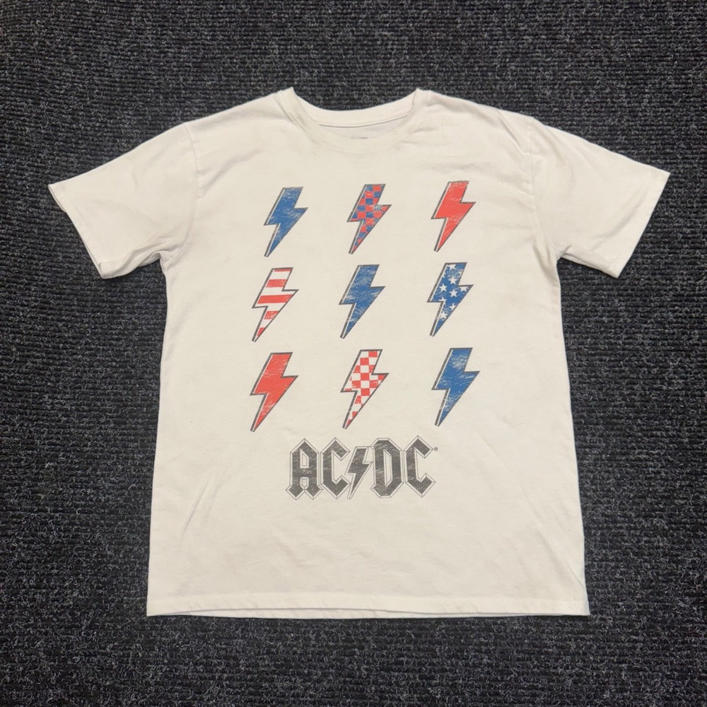 AC/DC Lightning Bolt Americana Graphic T-Shirt White Kids XL 14 Rock Band Tee